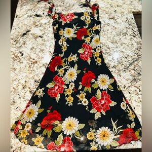 RetiredPapaya Clothing Black Yellow Floral Midi Dress L Made in USA Artsy